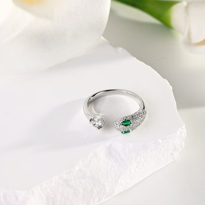 Women's Adjustable Snake Head Fashion Ring, Round & Emerald‑Tone Zirconia, S925 with White Gold Plating