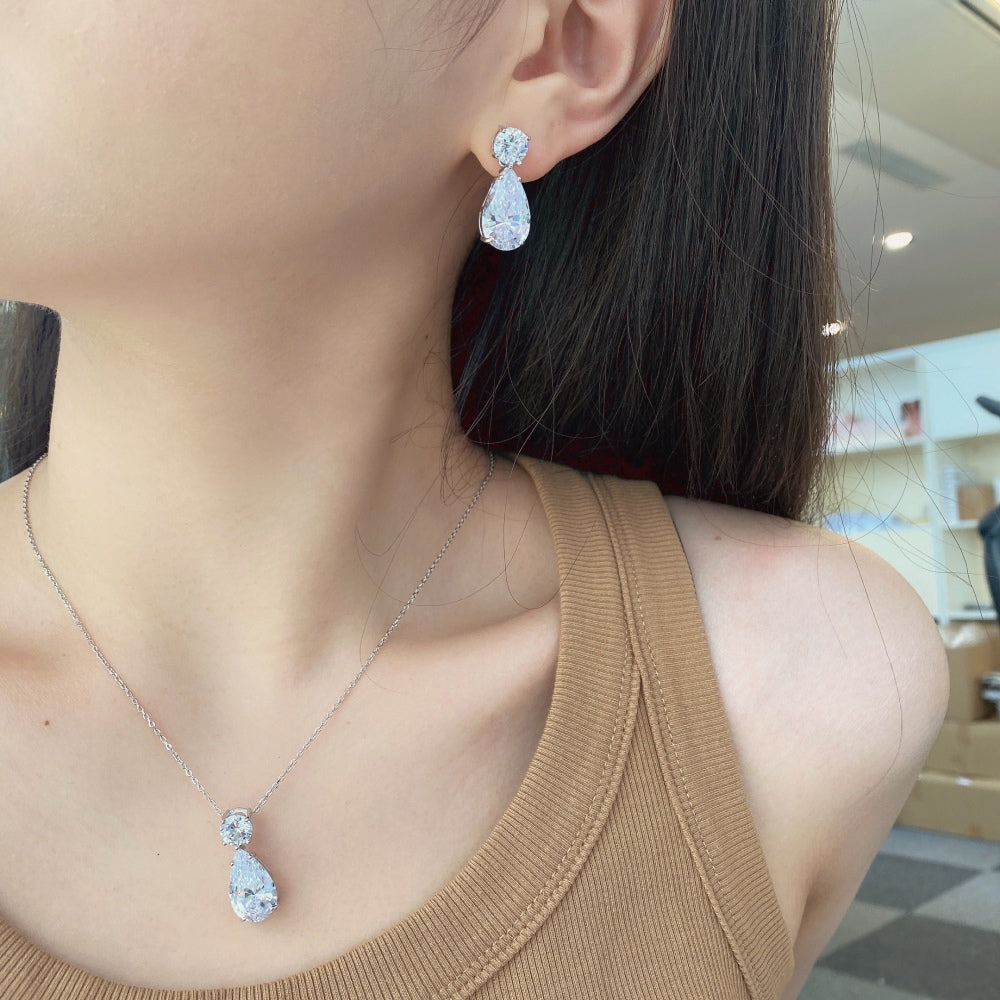 Women's Wedding Dangle Earrings, Pear‑Shape & Round Zirconia, S925 with White Gold Plating