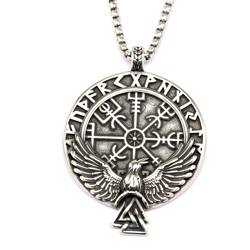 Men's Steel Viking Raven Rune Compass Round Tag Pendant Necklace