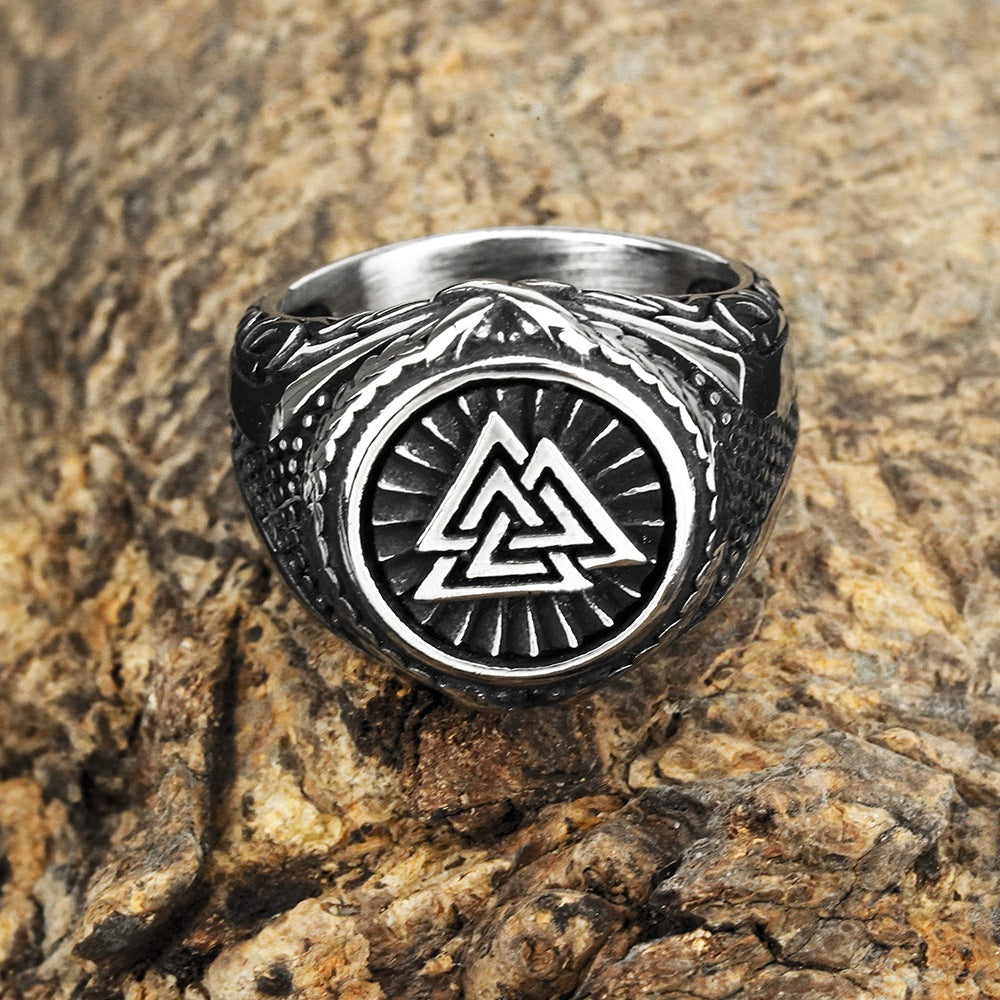Vintage Solid Stainless Steel Norse Valknut Round Wide Signet Ring for Men