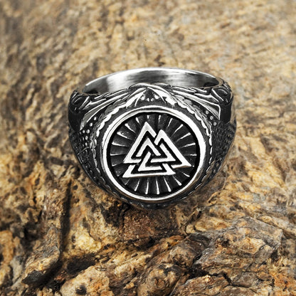 Vintage Solid Stainless Steel Norse Valknut Round Wide Signet Ring for Men