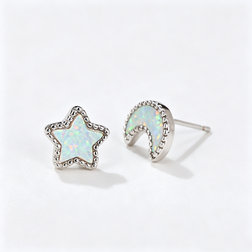 Women's Asymmetrical Star‑Moon Blue / White Opal Stud Earrings, with White Gold Plating / Rose Gold Plating