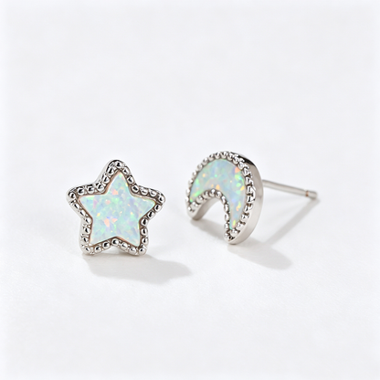 Women's Asymmetrical Star‑Moon Blue / White Opal Stud Earrings, with White Gold Plating / Rose Gold Plating