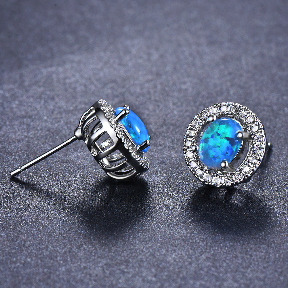 Women's Oval Halo Round Zirconia Stud Earrings, Inlaid with Blue Opal & White Opal, with White Gold Plating