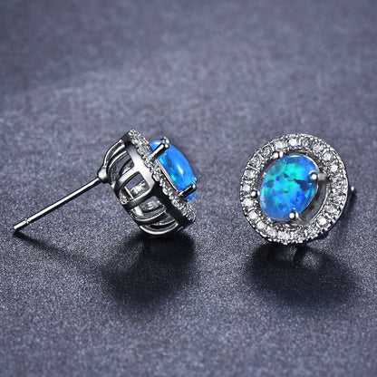 Women's Oval Halo Round Zirconia Stud Earrings, Inlaid with Blue Opal & White Opal, with White Gold Plating