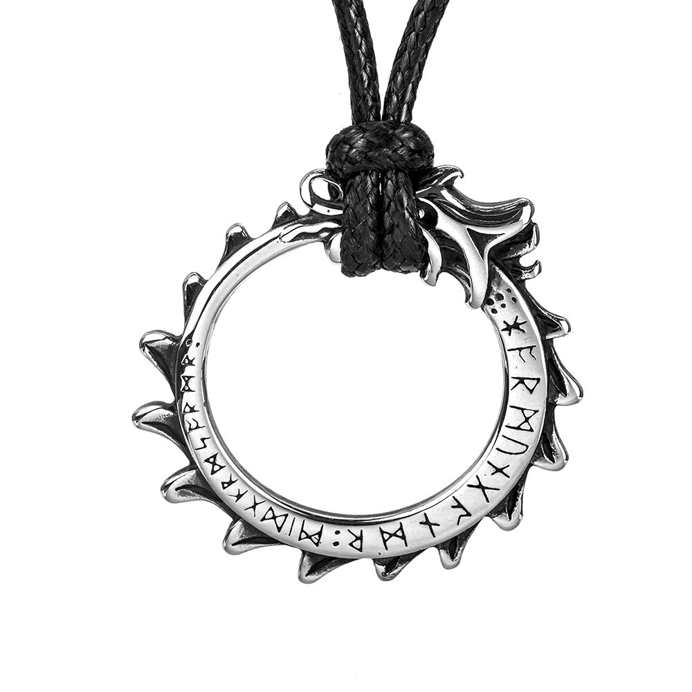Vintage Stainless Steel Men's Viking Rune Dragon Pendant Necklace