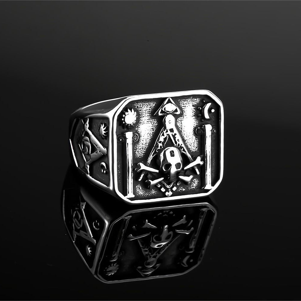 Vintage Stainless Steel AG Masonic Skull Square Statement Ring for Men