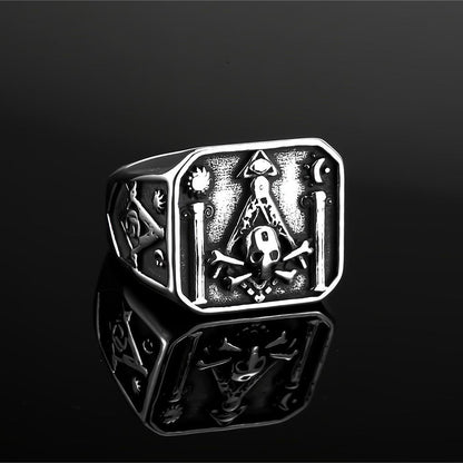 Vintage Stainless Steel AG Masonic Skull Square Statement Ring for Men