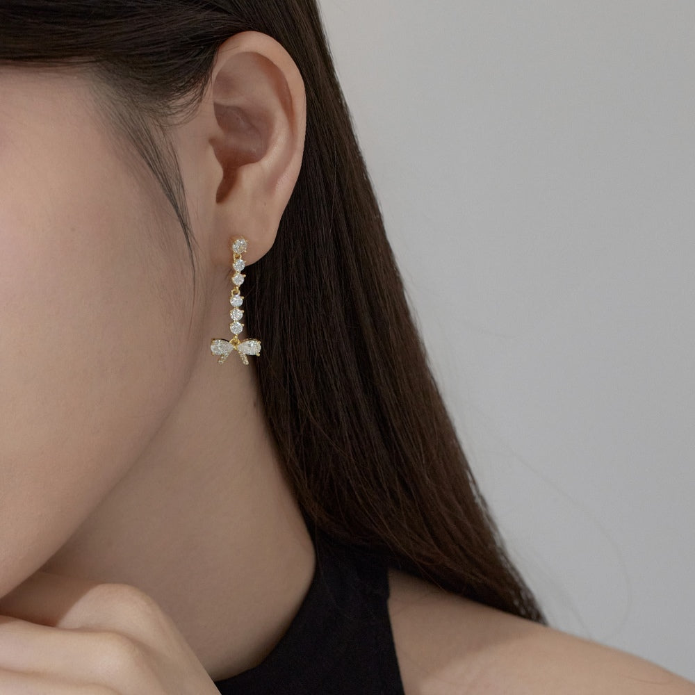 Women's Bow Dangle Earrings, Clear Zirconia Bow with Round Zirconia Chain, S925 with 18K Gold Plating