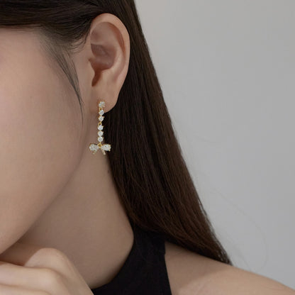 Women's Bow Dangle Earrings, Clear Zirconia Bow with Round Zirconia Chain, S925 with 18K Gold Plating