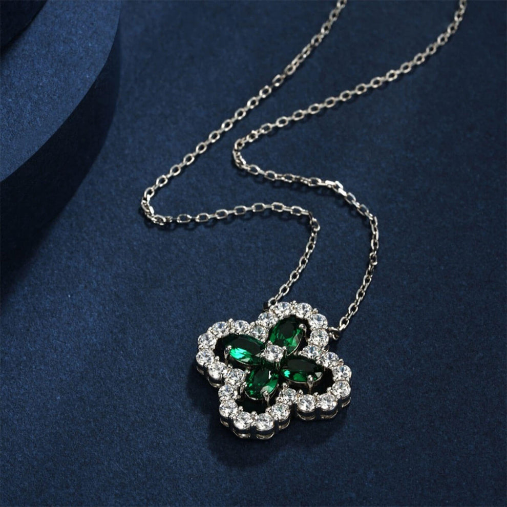 Women's Sterling Silver Hollow Four-leaf Clover Emerald Pendant