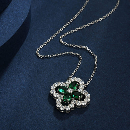 Women's Sterling Silver Hollow Four-leaf Clover Emerald Pendant