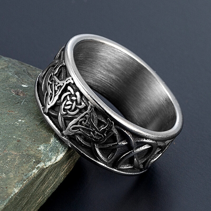 Vintage Stainless Steel Viking Wolf Head Celtic Knot Ring for Men