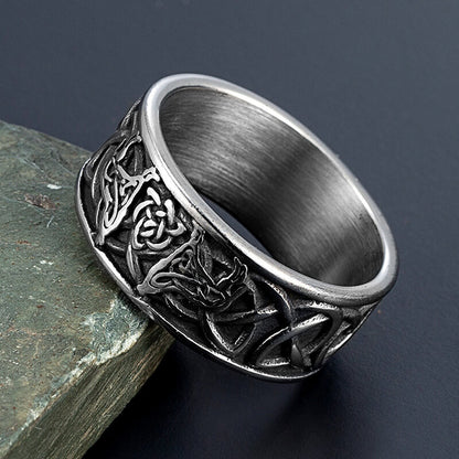 Vintage Stainless Steel Viking Wolf Head Celtic Knot Ring for Men