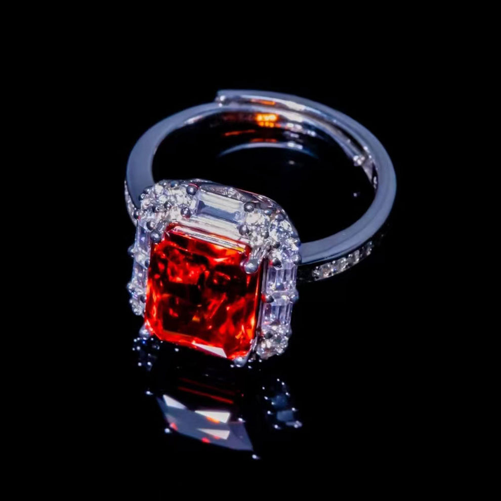 Women's White Gold Rectangle Ruby Adjustable Halo Ring