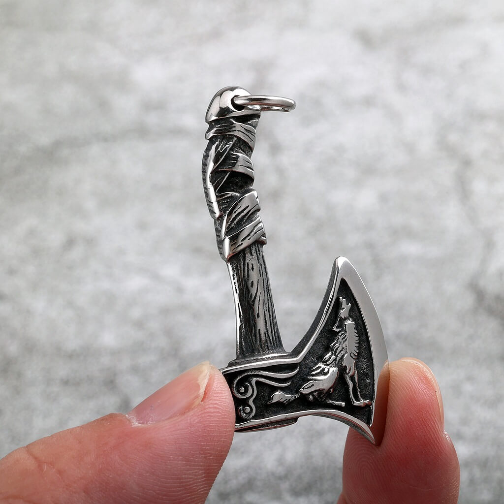 Men's Steel Viking Wolf Axe Pendant Necklace