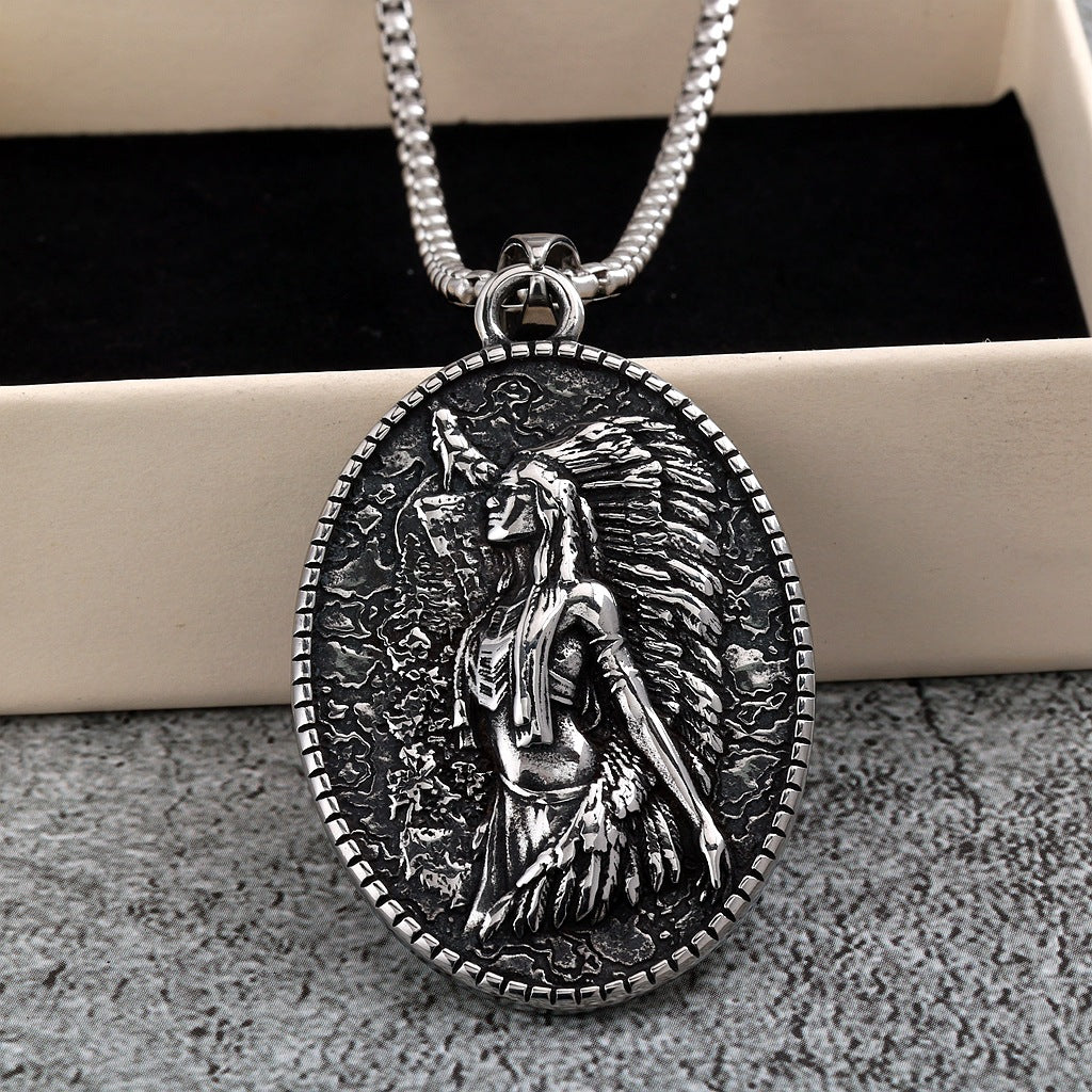 Vintage Stainless Steel Double Sided Native American Pendant Necklace for Men
