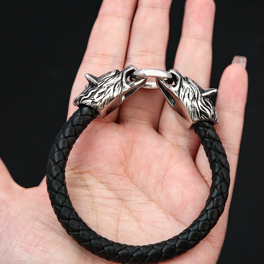 Men's New European Viking Wolf Head Titanium Steel Handmade Leather Cord Bracelet, Creative Personality Wristband Bangle