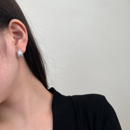 Women's U‑Shape Hoop Earrings, Paved Round Colorless Zirconia Inlaid, Delicate Compact Style, S925 with White Gold Plating