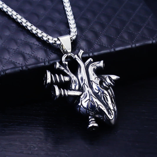 Vintage Stainless Steel Men's Screw Heart Pendant Necklace