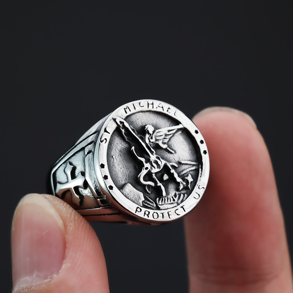 Vintage Solid Stainless Steel Archangel Saint Michael Dragon Slayer Round Signet Ring for Men
