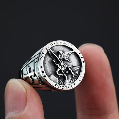 Vintage Solid Stainless Steel Archangel Saint Michael Dragon Slayer Round Signet Ring for Men