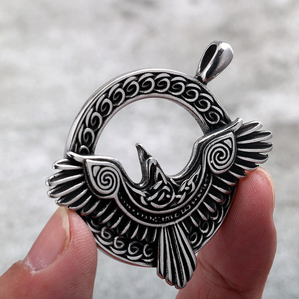 Vintage Stainless Steel Men's Single Sided Viking Raven Round Pendant Necklace