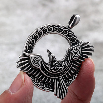 Vintage Stainless Steel Men's Single Sided Viking Raven Round Pendant Necklace