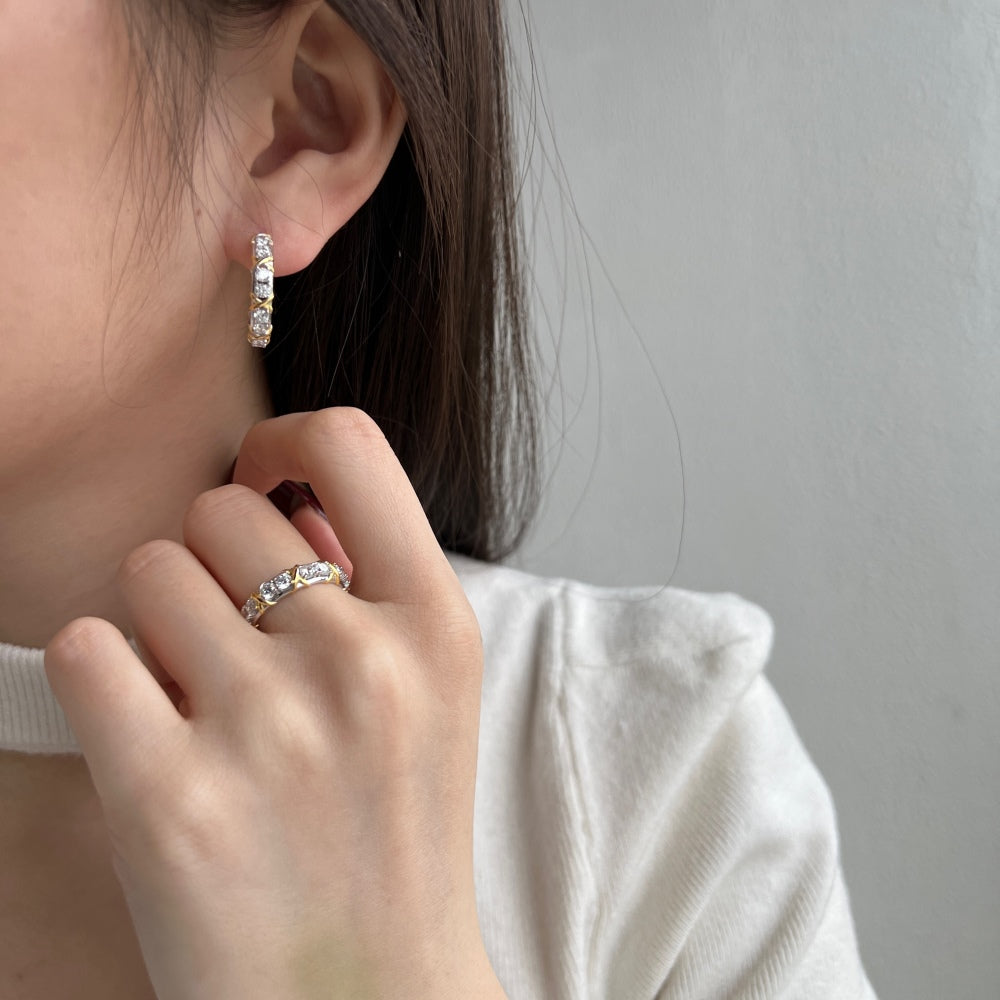 Women's Two‑Tone X Cross Wrap Hoop Earrings, Colorless Round Zirconia Inlaid, S925