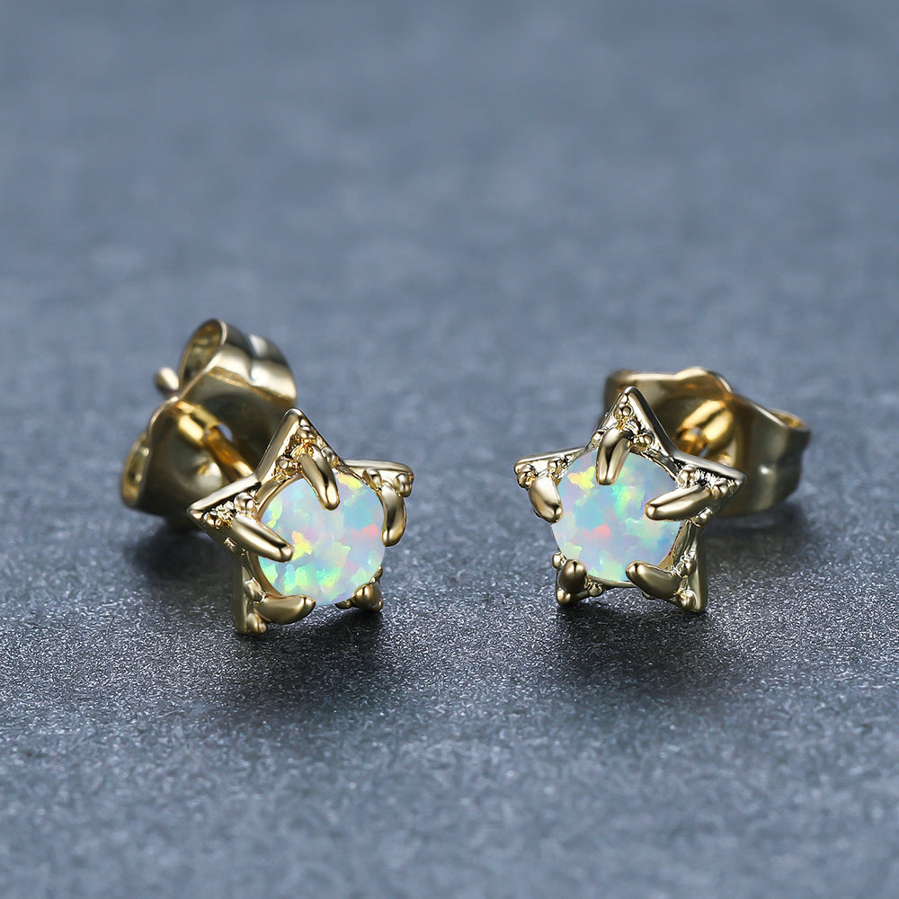 Women's Star‑Shape Prong‑Set White Opal Stud Earrings, with White Gold Plating / Gold Plating