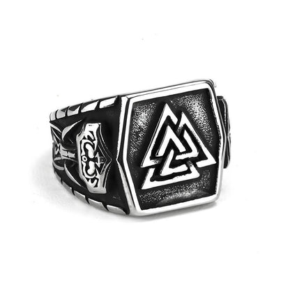 Vintage Antique Finish Stainless Steel Engraved Anchor Viking Triangle Symbol Hexagon Ring for Men