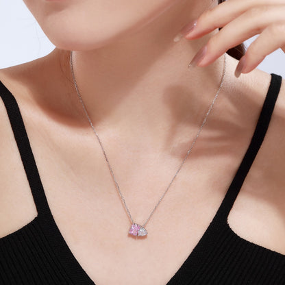 Women's Dual‑Main‑Stone Pendant Necklace, Heart Shape Zirconia & Pink Sapphire Inlay, S925 with White Gold Plating