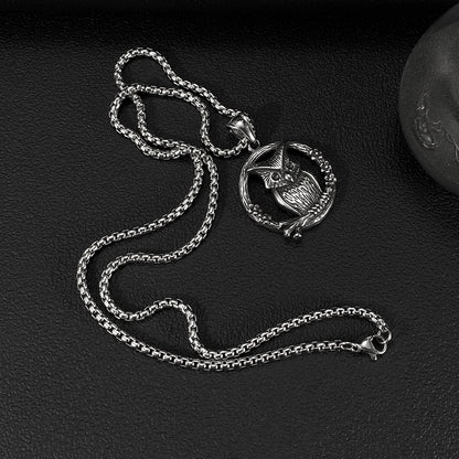 Men's Steel Owl Round Pendant Necklace