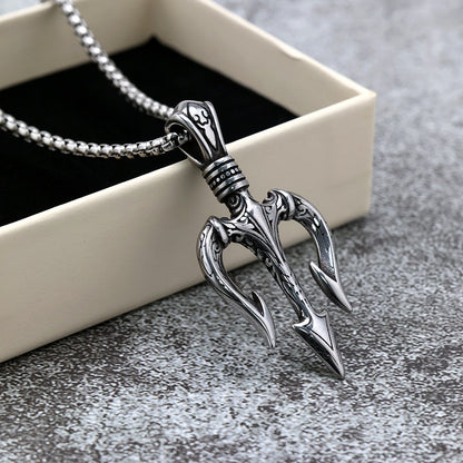 Vintage Stainless Steel Trident Pendant Necklace for Men