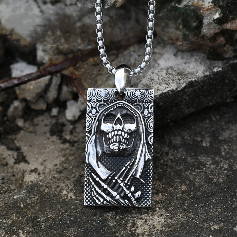 Men's Retro Death God Skull Square Pendant Necklace