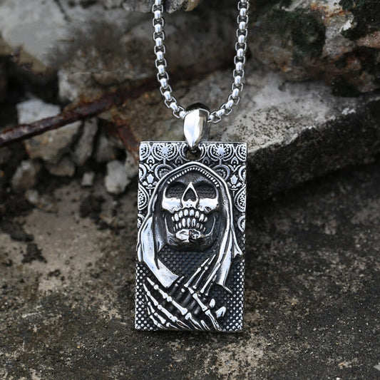 Men's Retro Death God Skull Square Pendant Necklace