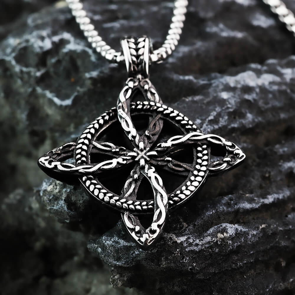 Vintage Antique Oxidized Stainless Steel Men's Hollow Celtic Four Leaf Love Knot Viking Pendant Necklace