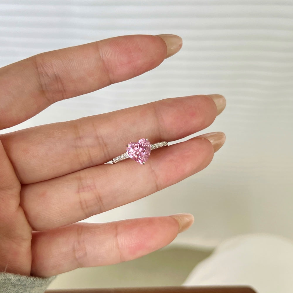 Women's Pink Heart Shape Zirconia Center Stone Four Prong Paved Ring, S925 with White Gold Plating