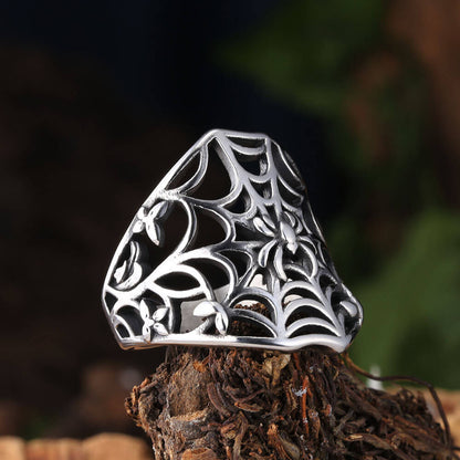 Vintage Solid Stainless Steel Hollow Spider Web Ring for Men