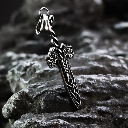Vintage Antique Oxidized Stainless Steel Men's Viking Celtic Knot Sword Hollow Pendant Necklace