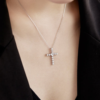 Women's Minimalist Cross Pendant Necklace, Heart Shape Zirconia Inlay, S925 with White Gold Plating