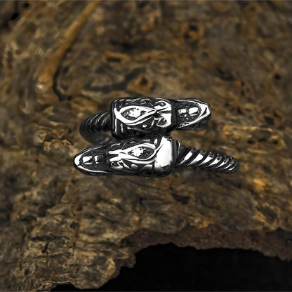 Vintage Solid Stainless Steel Twisted Band Norse Double Dragon Head Ring for Men