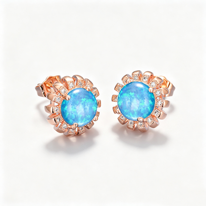 Women's Sunflower‑Shape Round Multi‑Color Opal With Zirconia Accent Stud Earrings, with Rose Gold Plating