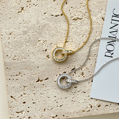 Women's Interlocking Rings Pendant Necklace, Baguette Zirconia Paved Inlay, S925 with White Gold Plating