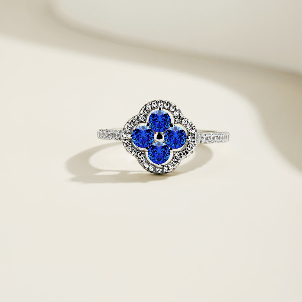 Women's S925 Silver White Gold Tone Ring, Four-Leaf Clover Shape Blue Cubic Zirconia Halo Design Ladies Fashion Ring