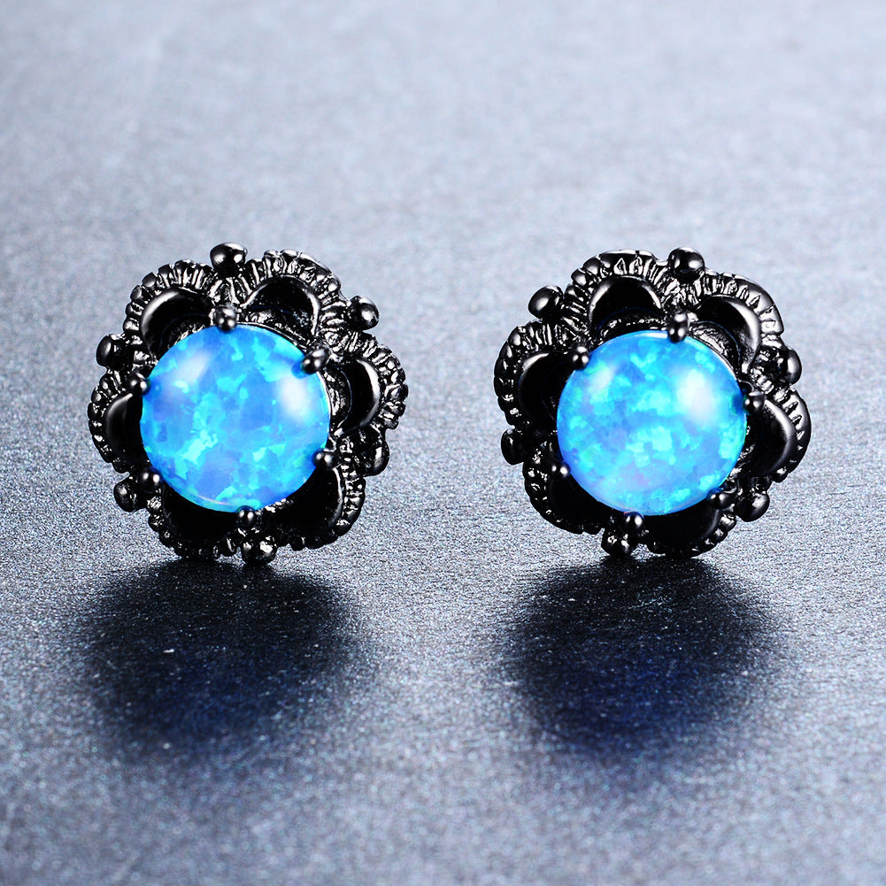 Women's Vintage Flower Stud Earrings, White Opal Prong Inlay, Black Plating