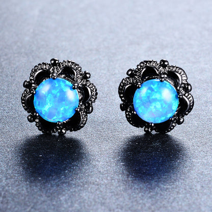 Women's Vintage Flower Stud Earrings, White Opal Prong Inlay, Black Plating