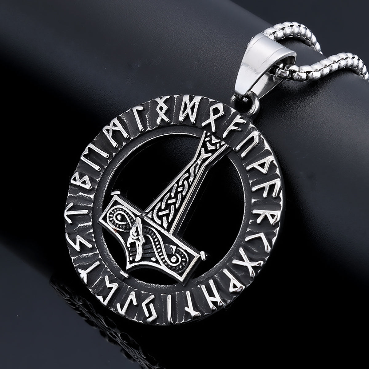 Men's Steel Viking Runes Mjolnir Round Pendant Necklace