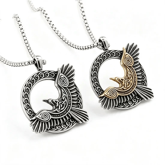 Vintage Stainless Steel Men's Single Sided Viking Raven Round Pendant Necklace