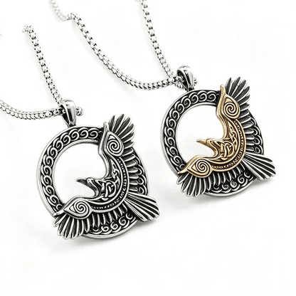 Vintage Stainless Steel Men's Single Sided Viking Raven Round Pendant Necklace